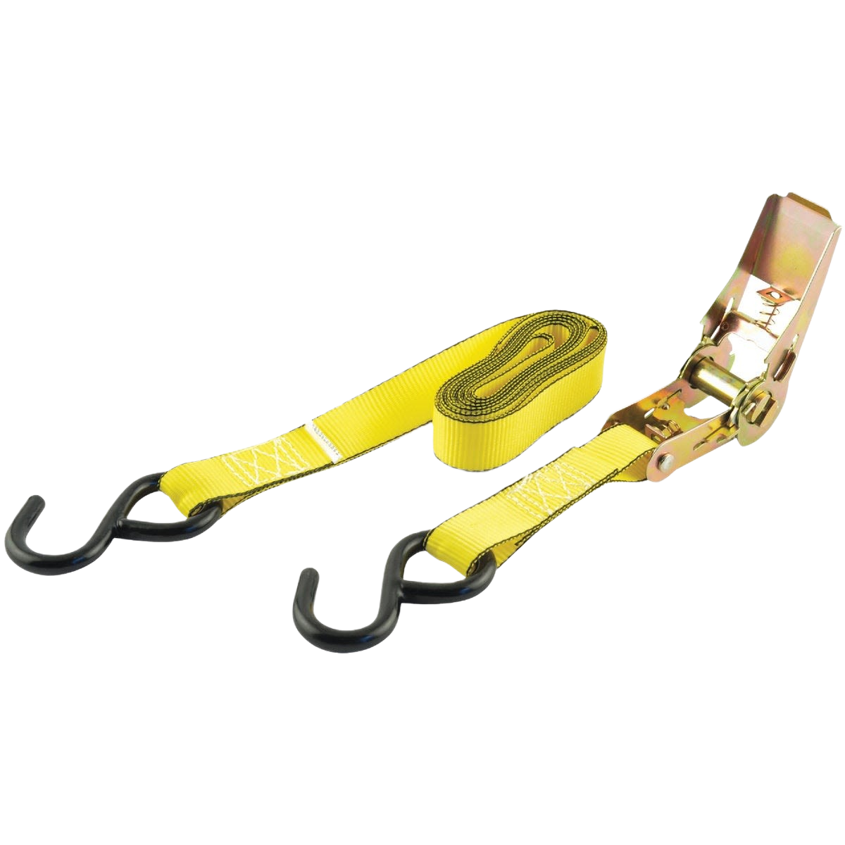 Yellow light-duty ratchet strap with black hooks and metal ratchet for securing loads in tools and home improvement use