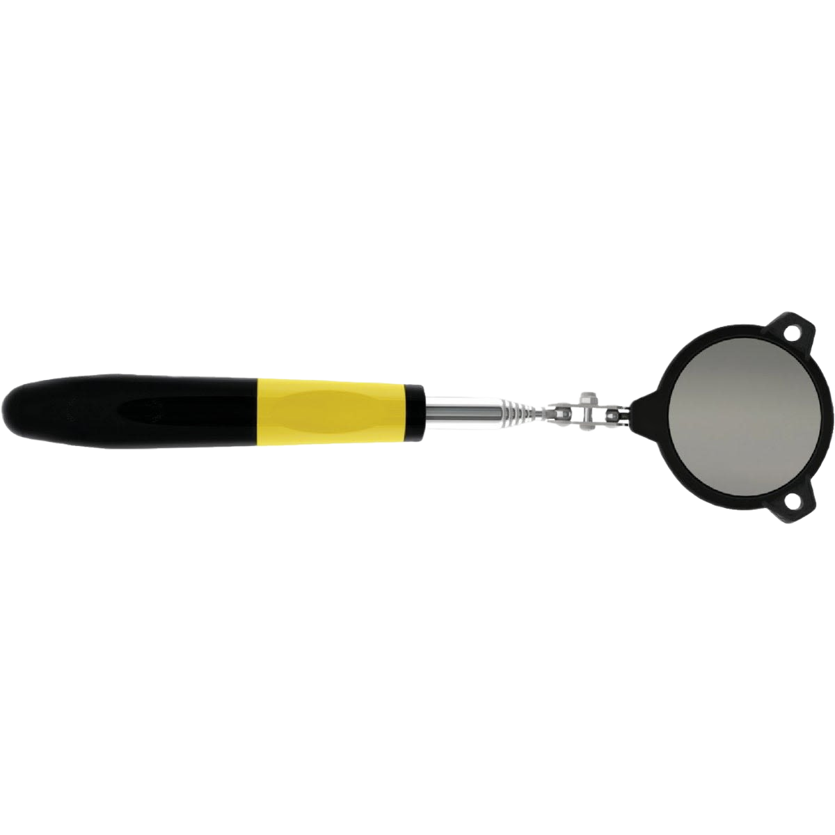Handheld circular inspection mirror with LED light and black and yellow handle for tools and home improvement use