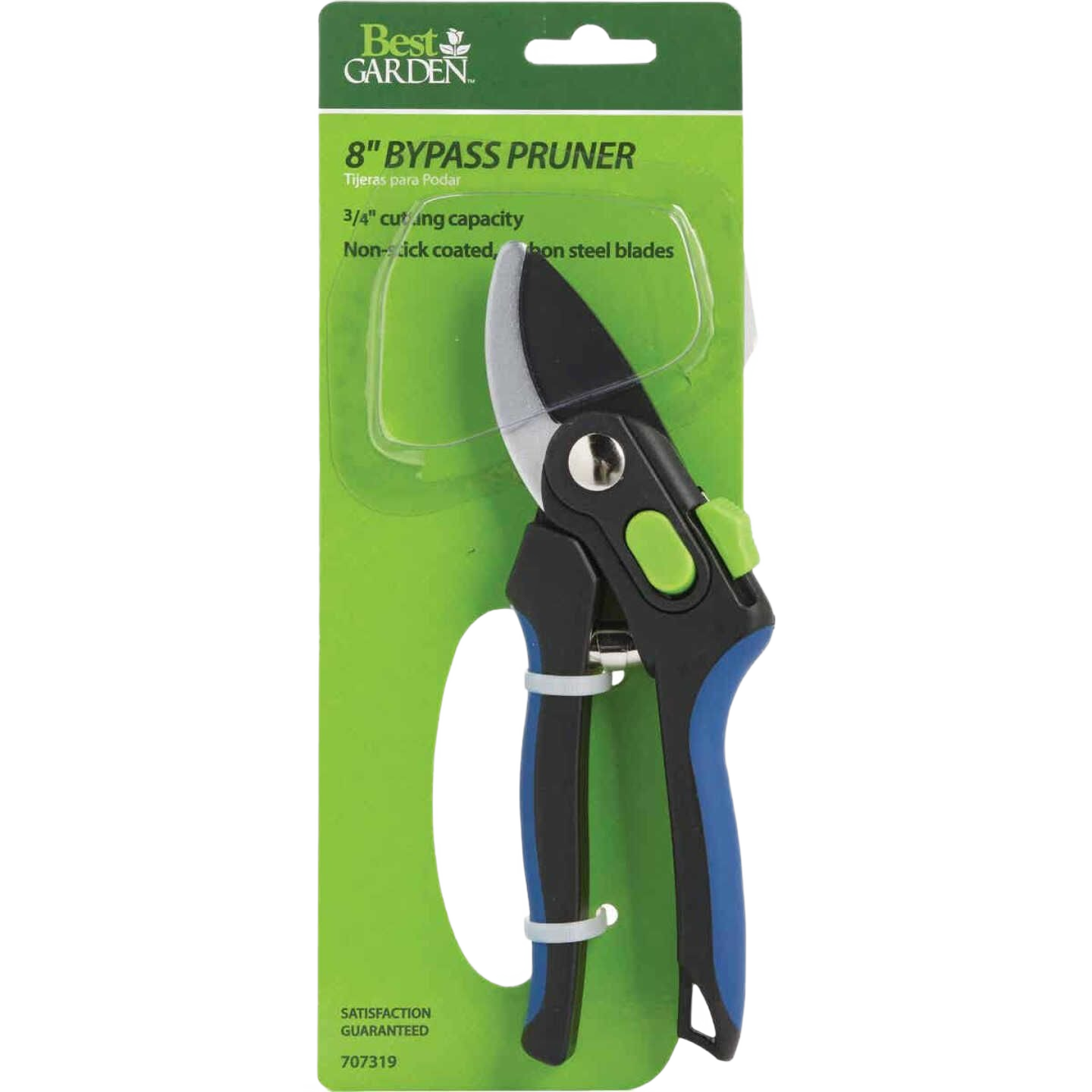 8-inch garden bypass pruner with non-stick coated steel blades and ergonomic blue and black handles for home improvement tasks