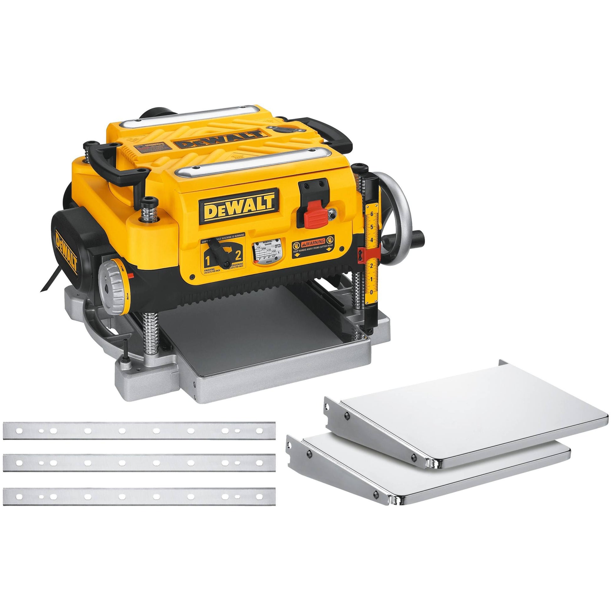 Yellow and black Dewalt thickness planer with metal support stands and three knife blades for woodworking tasks