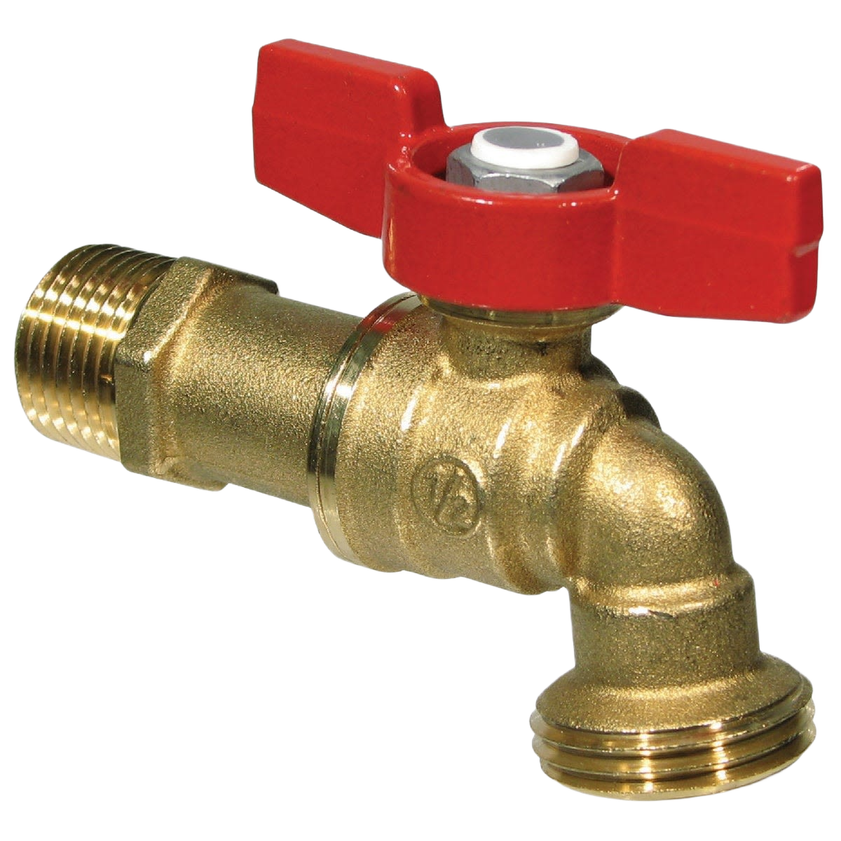 Forged brass ball valve hose bib with red handle for outdoor water control in tools and home improvement use