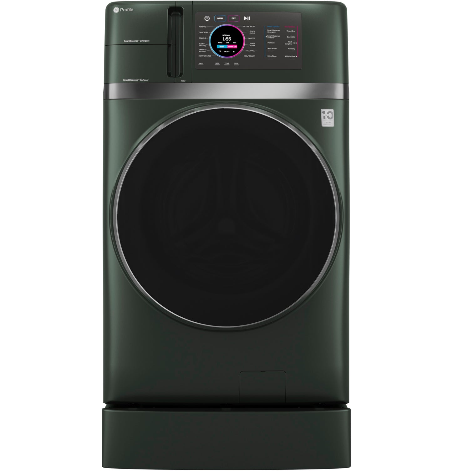 Dark green front-load combo washer and dryer with digital touchscreen control panel from Washer/Dryer Combos collection