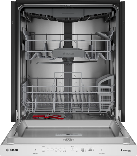 Open view of a stainless steel Bosch dishwasher interior with adjustable racks, included in Dishwashers, Built-in Dishwashers, Kitchen & Kitchenware, All Products, Bosch, and Appliances at Hartville Hardware.