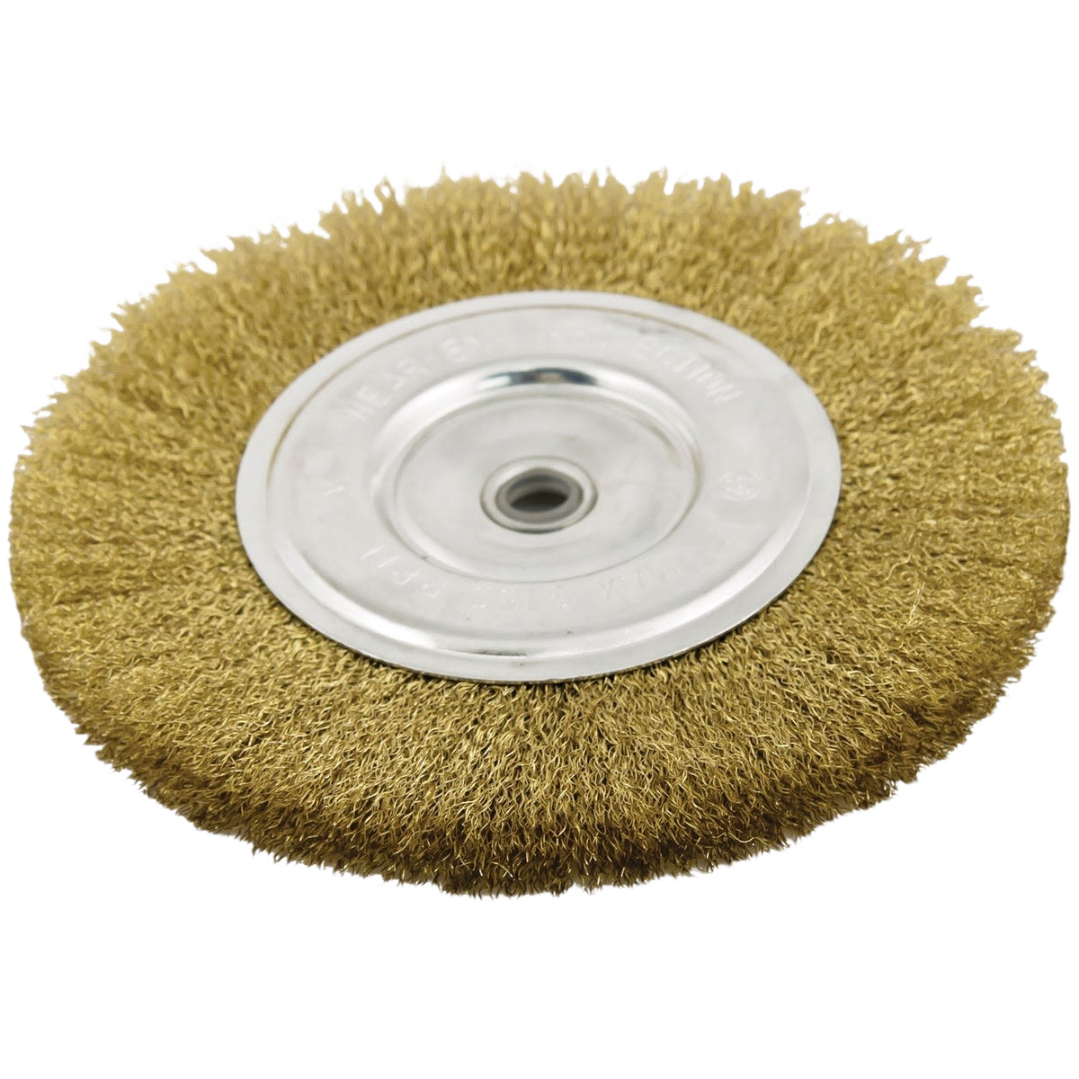 Coarse wire wheel brush with metal hub for bench grinder, designed for tools and home improvement tasks.