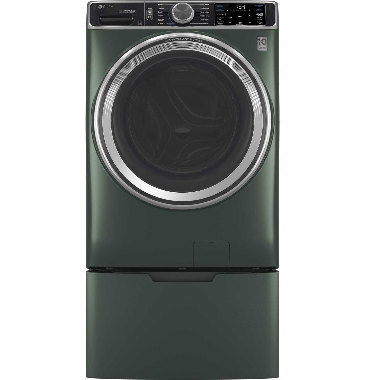Front load smart washer in dark green with digital touch controls and large circular door from front load washers collection