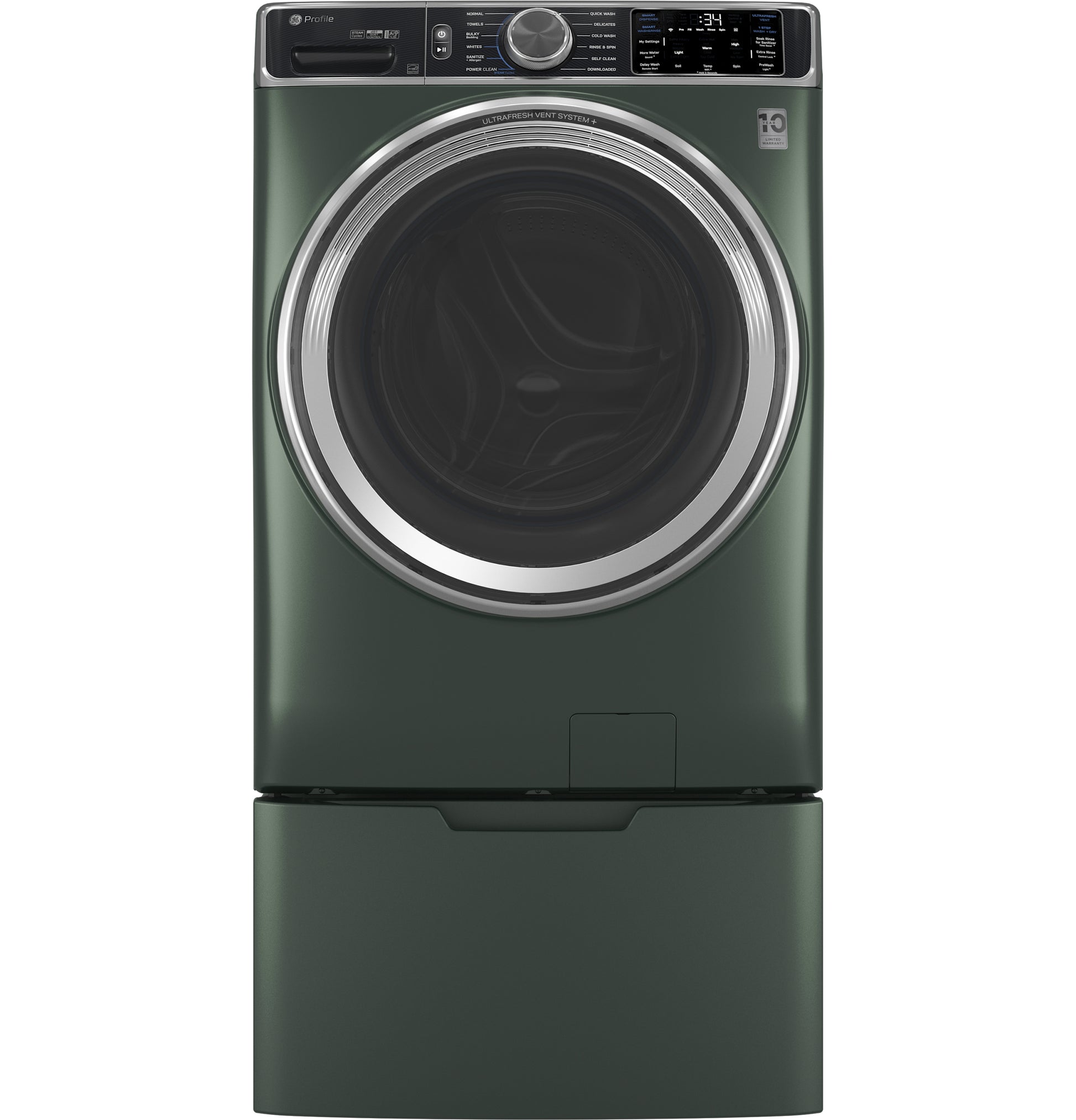 Front load smart washer in dark green with digital touch controls and large circular door from front load washers collection