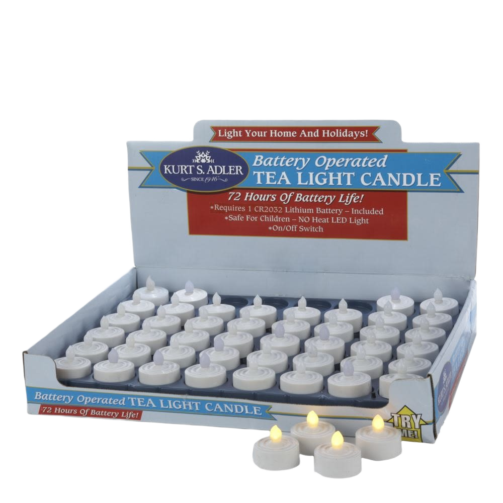 Open display box of white battery-operated LED tea light candles with yellow flickering flames and on/off switches