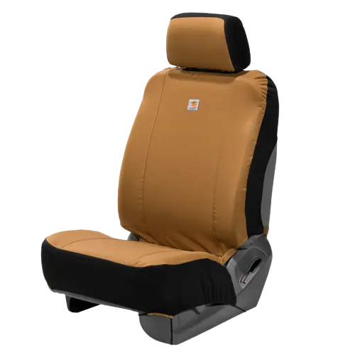 Durable brown nylon bucket seat cover with black accents designed for vehicle seat protection under $100 accessories