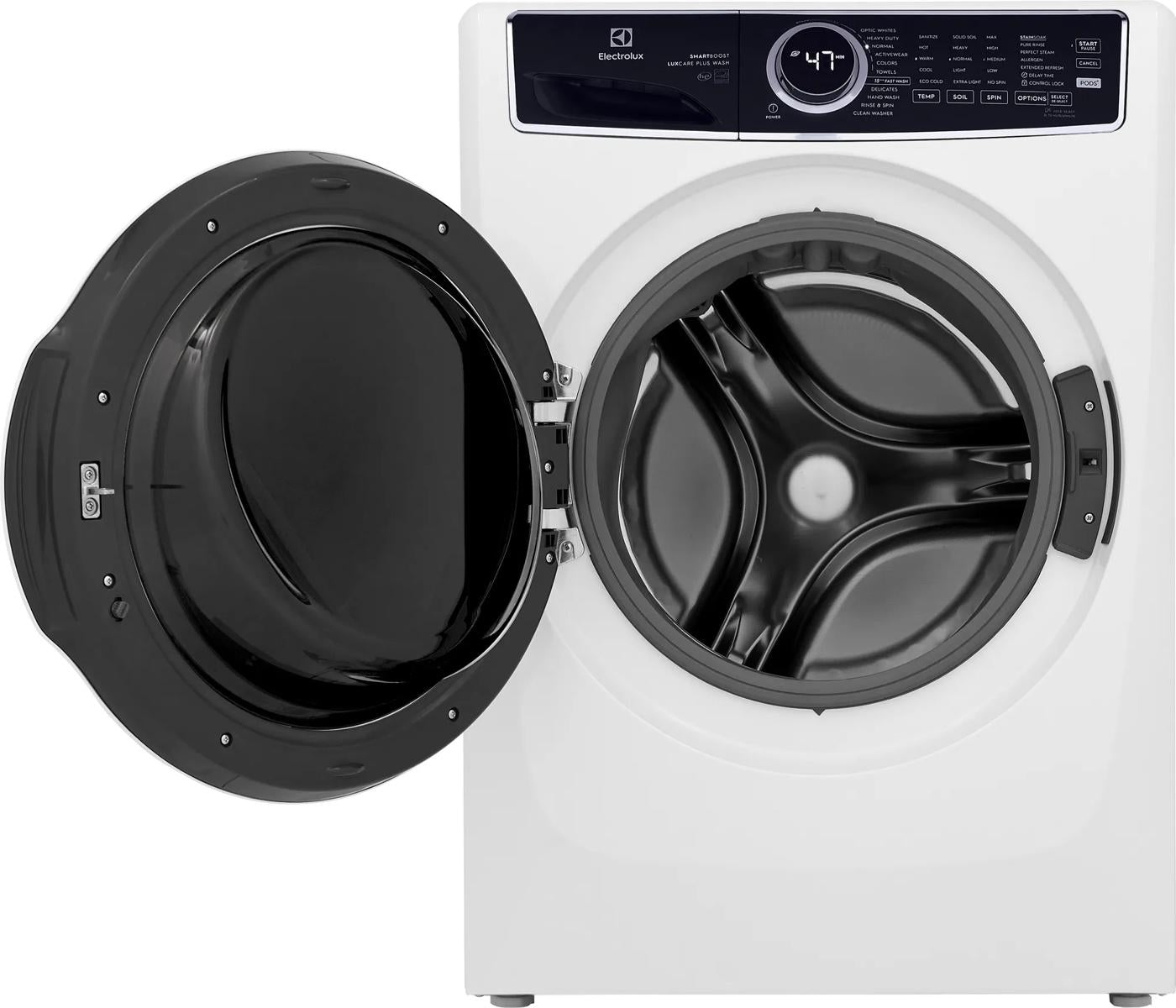 White front load washer with open door showing black interior drum and digital control panel from washers and appliances collection