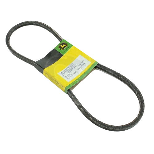 Black rubber V-belt with John Deere branded yellow and green packaging for equipment maintenance and repairs