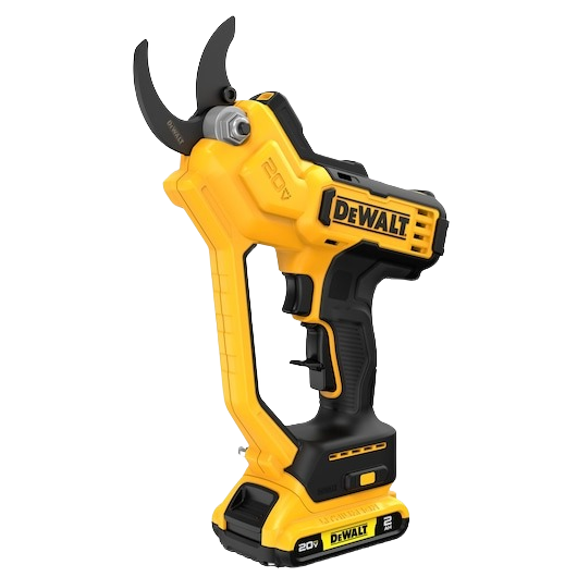 Yellow and black cordless pruning tool with ergonomic handle for garden and outdoor hand tool use