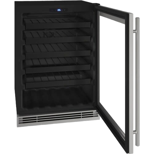 Open compact wine cooler with black interior shelves and stainless steel handle in kitchen appliances collection