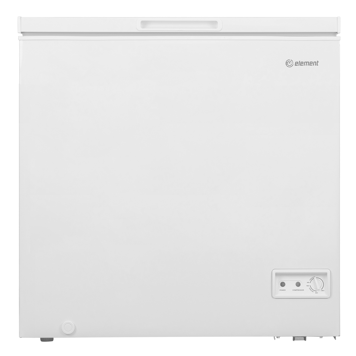 White chest freezer with temperature control dial and compact design for kitchen and appliance storage needs