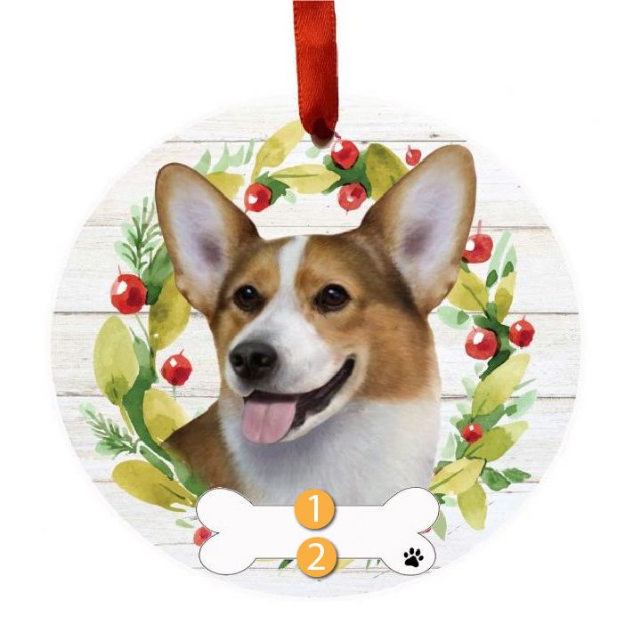 Round Christmas ornament with a Welsh Corgi face and festive wreath in holiday decor under $50 collection