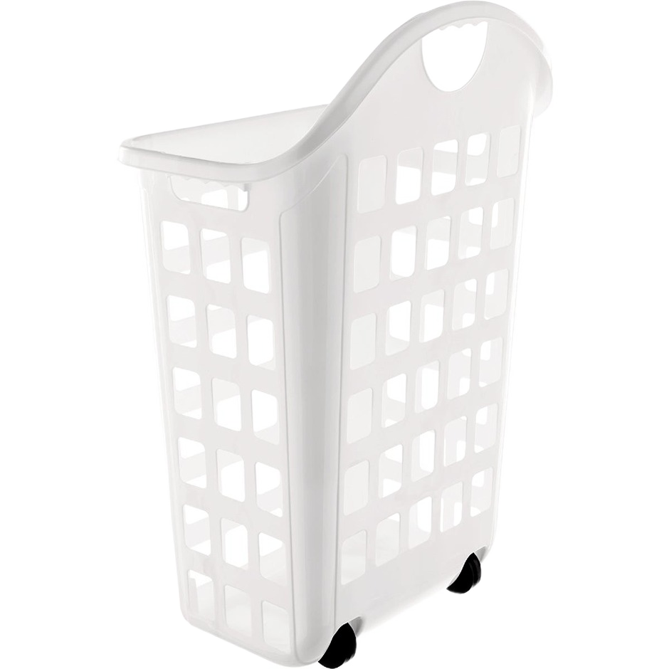 White plastic rolling laundry hamper with grid sides and ergonomic handles for dorm or home organization under $50