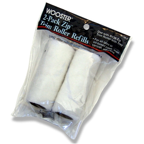 Two white trim roller refills in clear plastic packaging for use with paint supplies and home improvement tools under $50