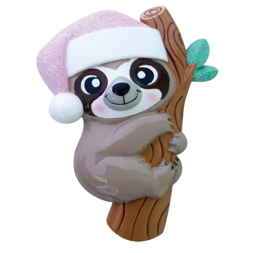 Cute pink hat-wearing baby sloth clinging to glittery tree branch for Christmas Ornaments & Tree Decorations under $50