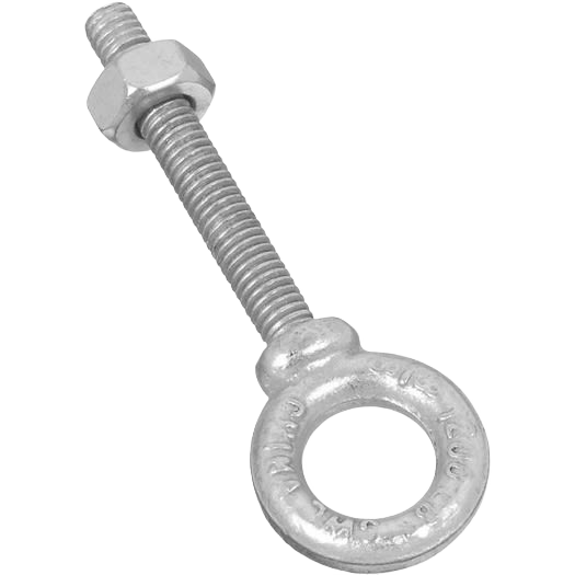 Galvanized steel eye bolt with threaded shaft and hex nut for fastening in hardware and building materials collections