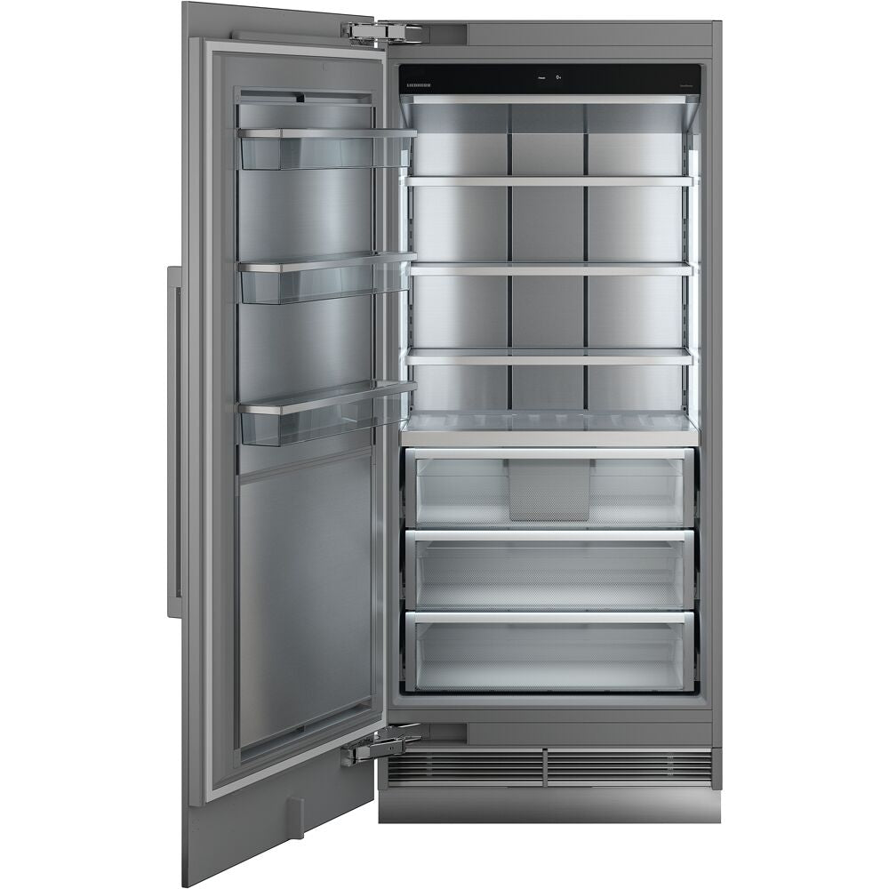 Panel-ready built-in 36-inch freezer with right hinge, adjustable shelving, ice maker, and freezer door bins in kitchen appliances collection