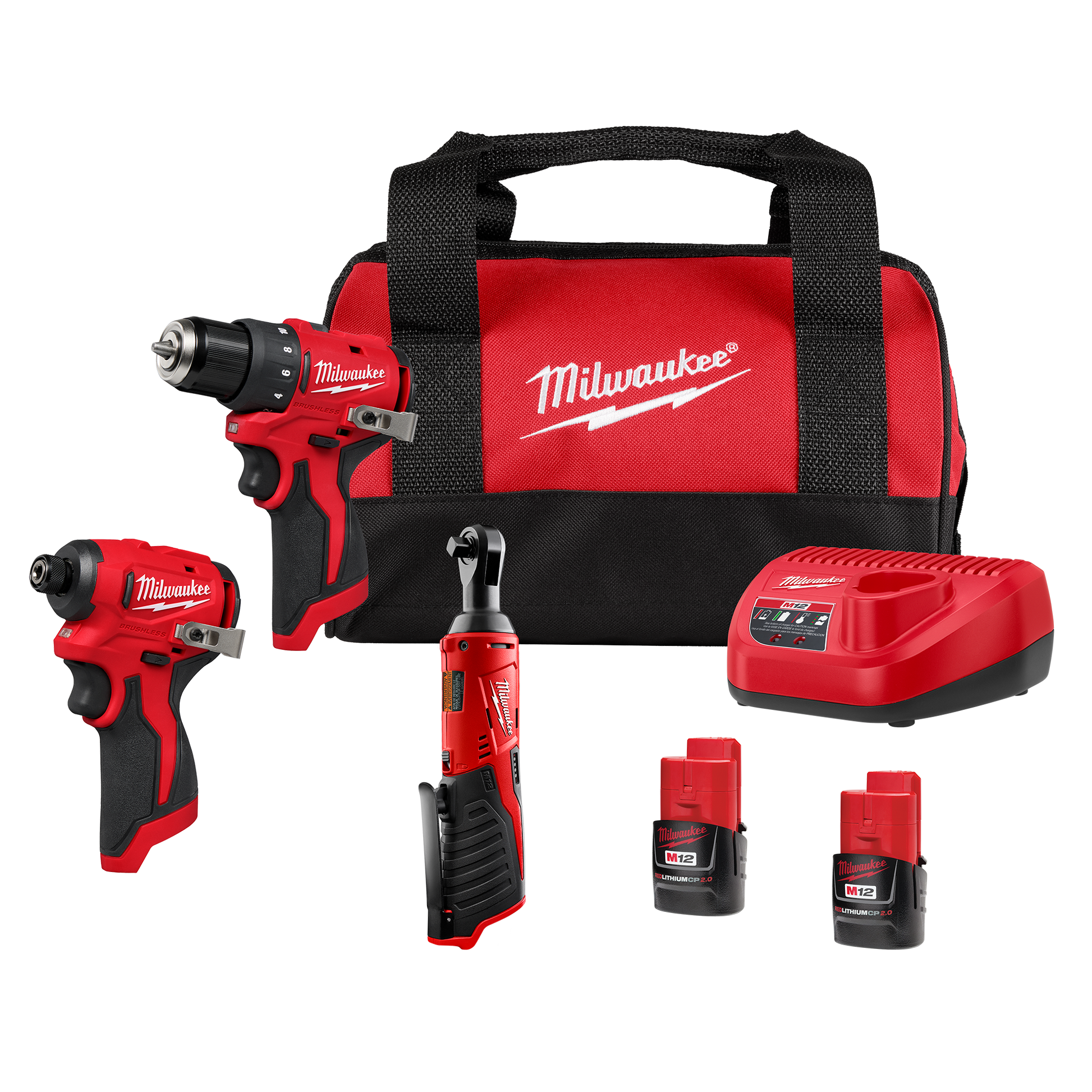 Compact red and black cordless drill and impact driver combo kit with two batteries, charger, right-angle attachment, and branded carrying bag for home improvement and woodworking tools.