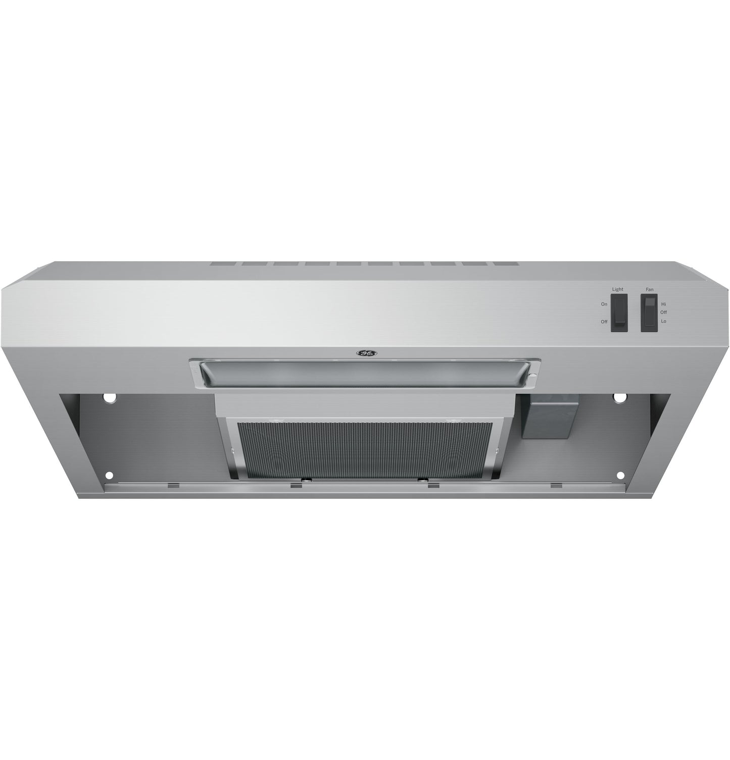 Under cabinet stainless steel range hood with mesh filter and manual control switches for kitchen ventilation and appliances