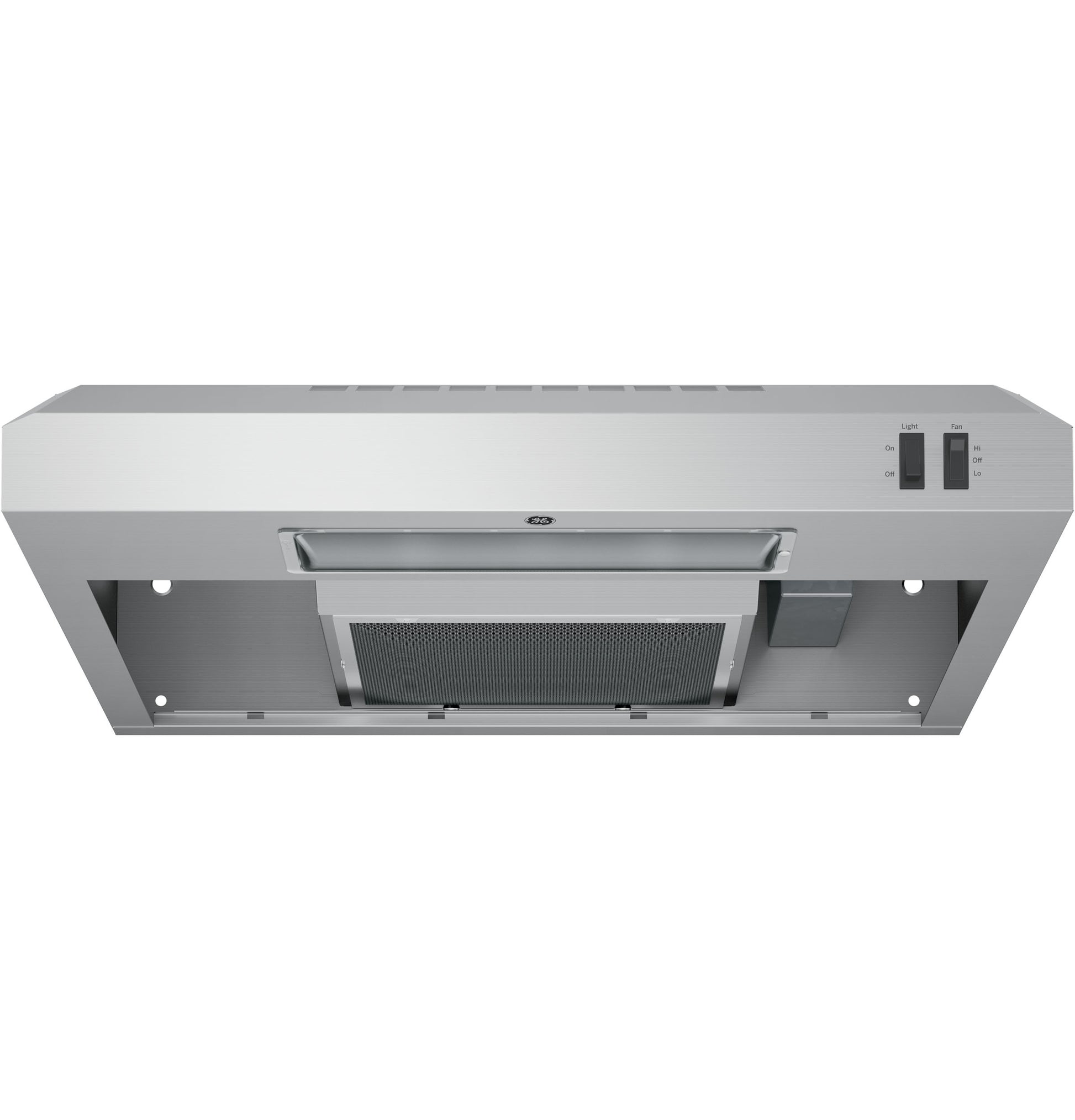 Under cabinet stainless steel range hood with mesh filter and manual control switches for kitchen ventilation and appliances