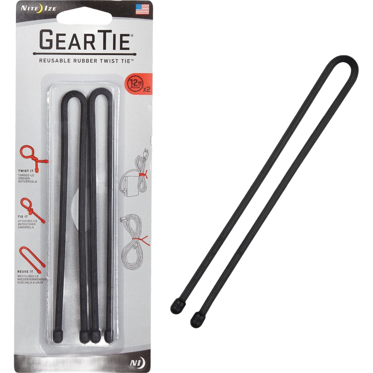 Two black reusable rubber twist ties with bendable wire interior for organizing in Electrical and Home Improvement collections