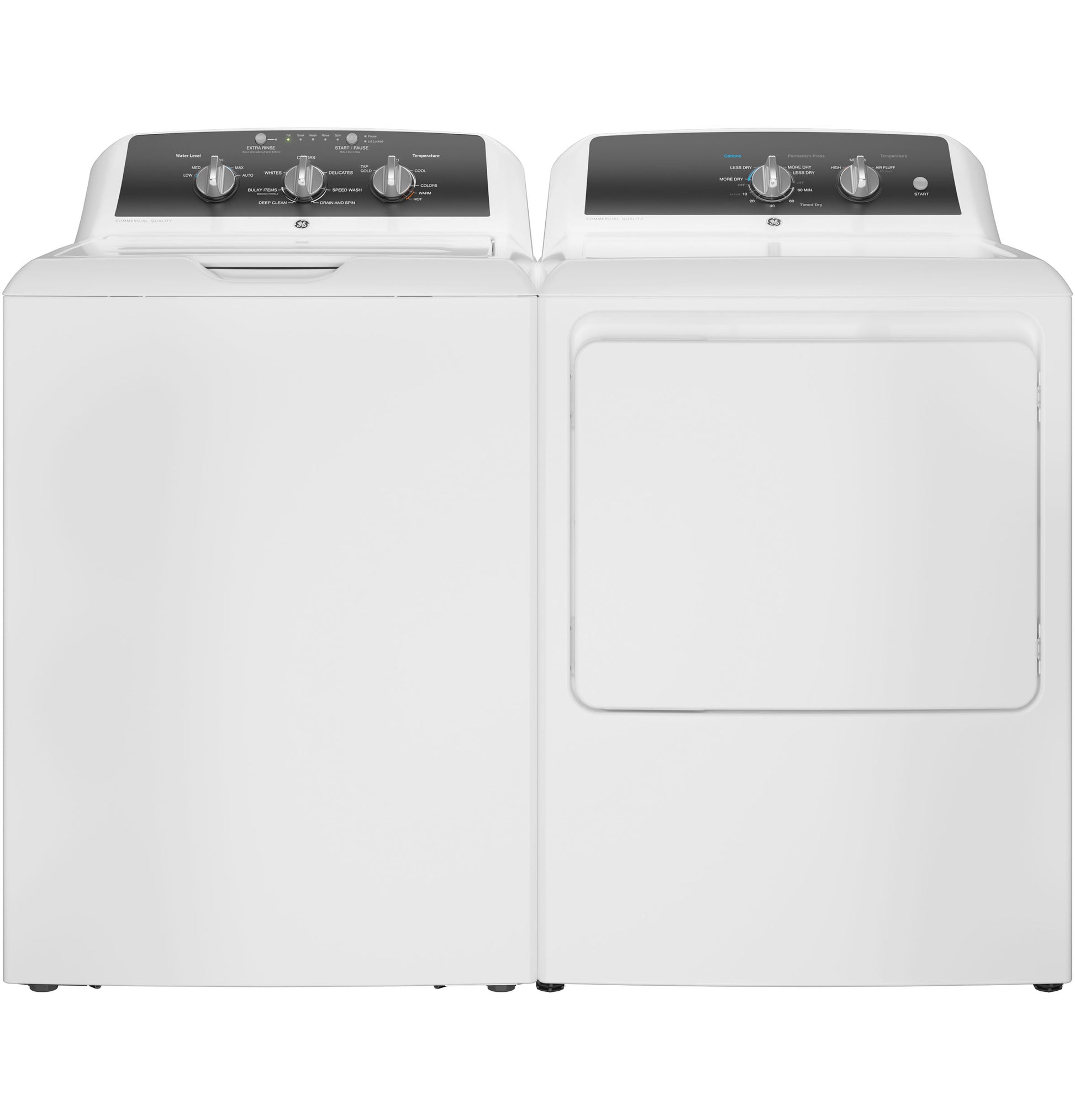 White laundry set with top load washer and electric dryer featuring control panels with multiple rotary knobs for appliances collection