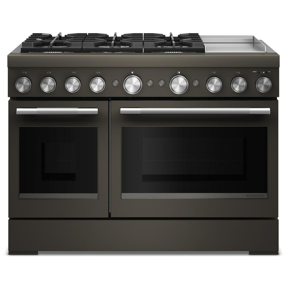 Front view of commercial-style dual fuel range with six burners, electric griddle, and double ovens in kitchen appliances collection