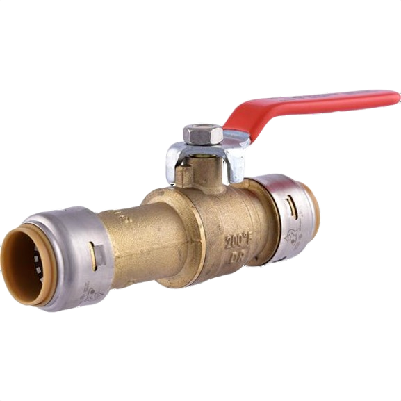 Brass ball valve with red handle and push-fit connections for plumbing, pipes & fittings, under $100 tools category