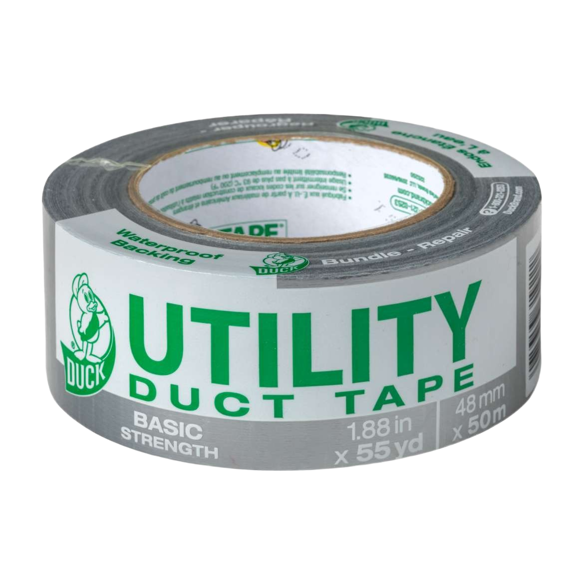 Silver utility duct tape roll with waterproof backing for general repairs and home improvement projects