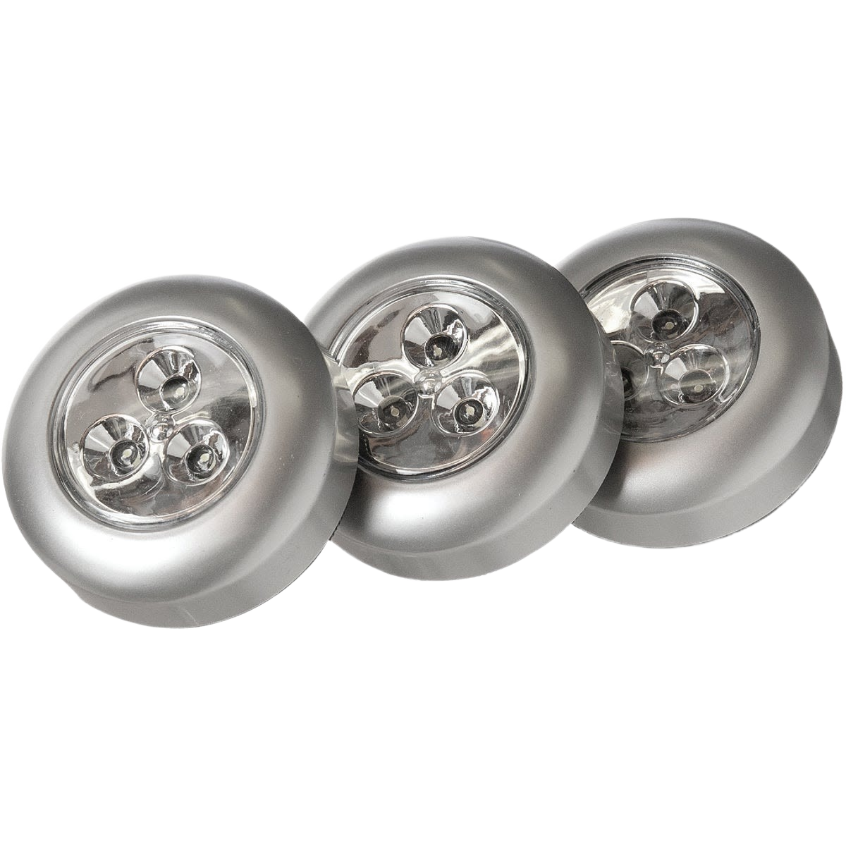 Set of three silver round LED tap lights with battery power, suitable for lighting and electrical home improvement needs