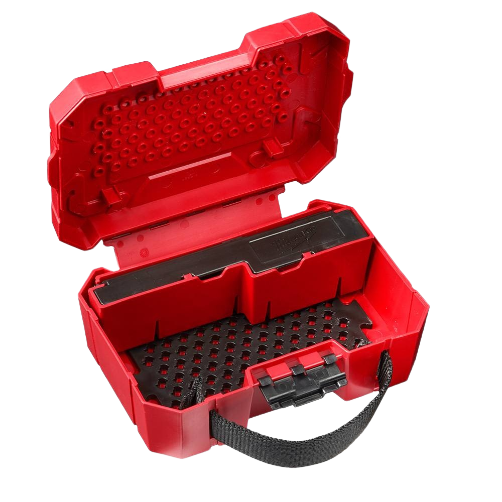 Compact red storage case with customizable peg layout for organizing hole saws and woodworking tools in workshop settings