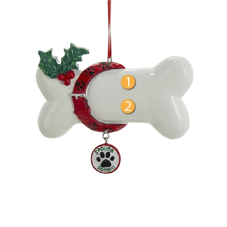 White dog bone ornament with red collar, holly decoration, and hanging spoiled rotten paw charm for Christmas tree display