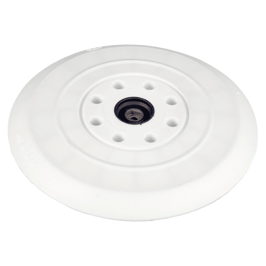 Round white plastic sanding pad with central mounting hole and ventilation openings for power tool attachment