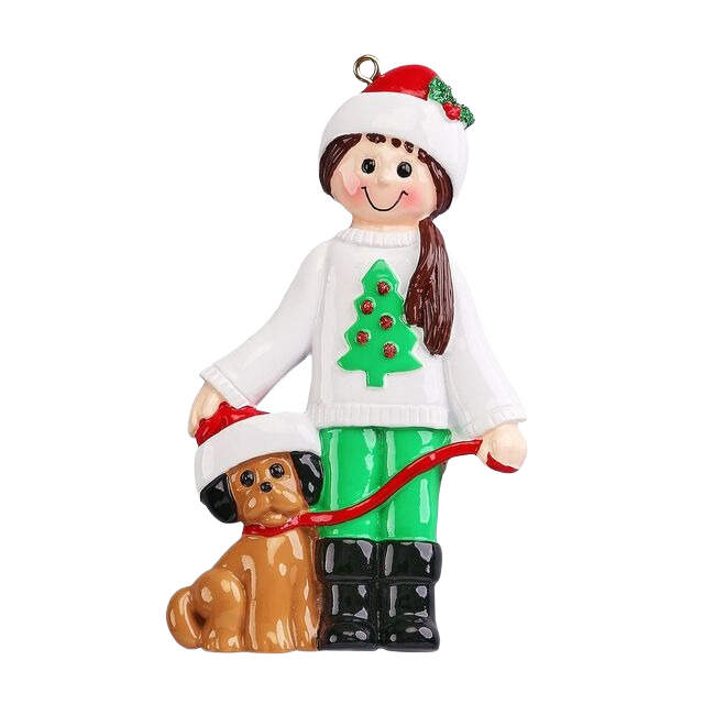 Brunette girl in festive sweater and Santa hat holding dog with matching hat, Christmas ornament under 50 dollars