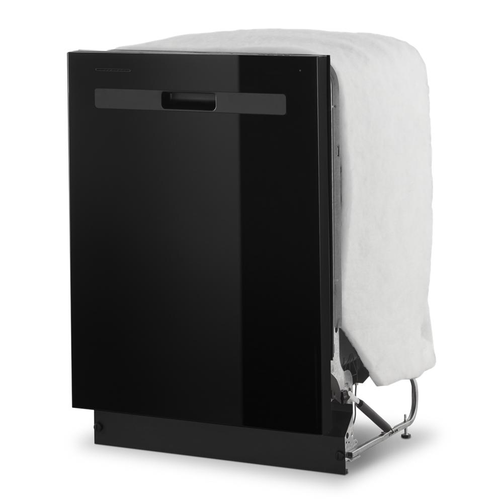 Sleek black dishwasher with front panel, partially insulated side, and modern handle in kitchen appliance collection