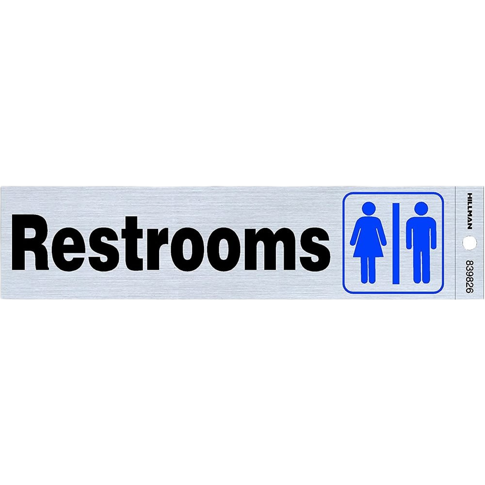Rectangular self-adhesive restrooms sign with black text and blue male and female symbols for home improvement use