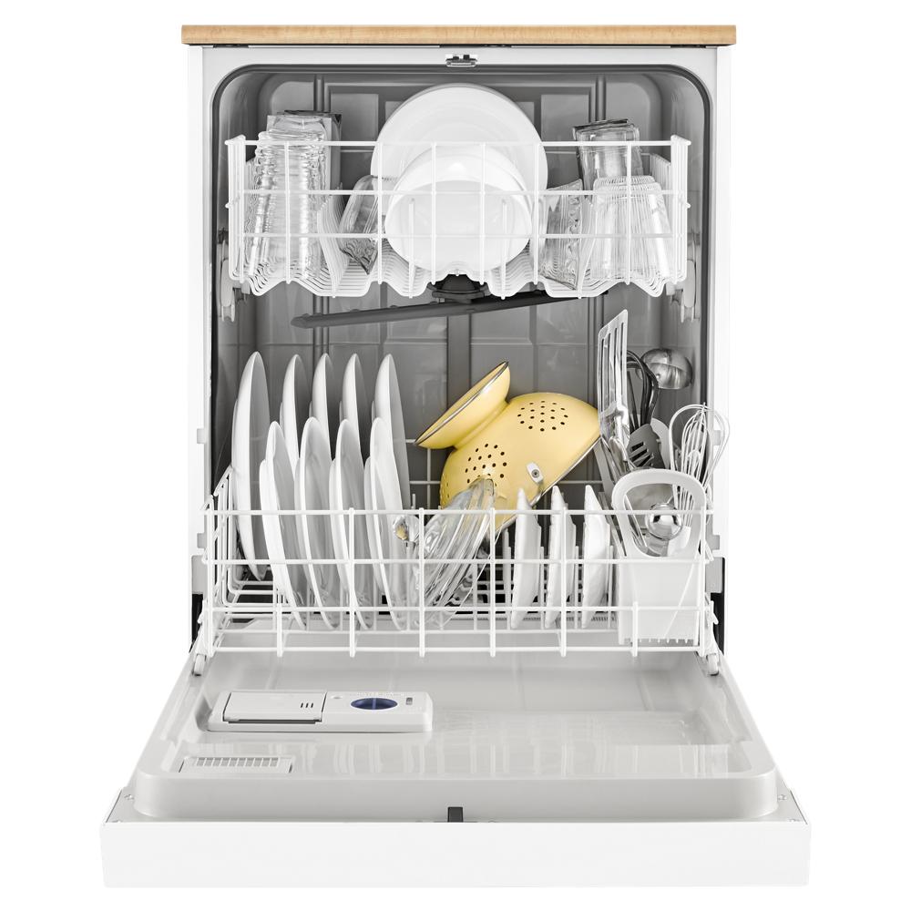 Open dishwasher filled with clean plates, glassware, yellow colander, and utensils in kitchen appliances collection
