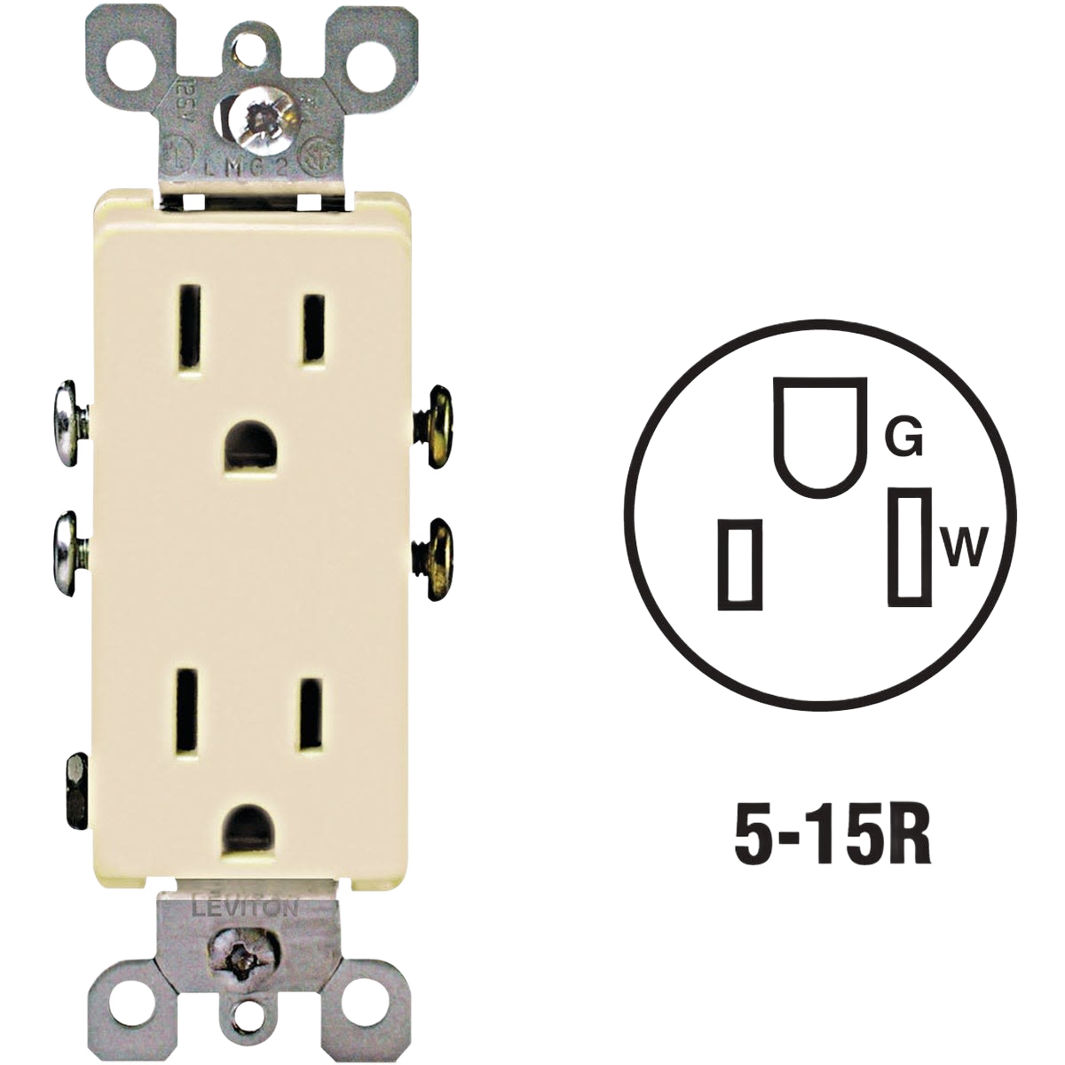 Ivory 15 amp residential grade duplex electrical outlet with metal mounting brackets for home improvement projects