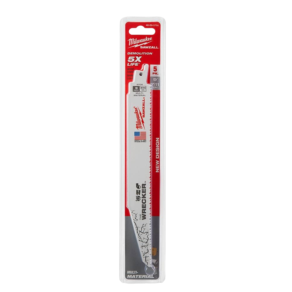 Set of five Milwaukee SAWZALL demolition saw blades with 7/11 TPI for cutting various materials in home improvement tasks