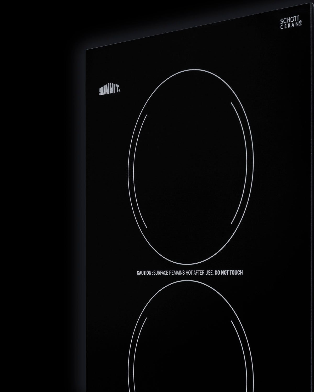 Black radiant cooktop with two circular burners and smooth Schott Ceran glass surface for compact kitchen use