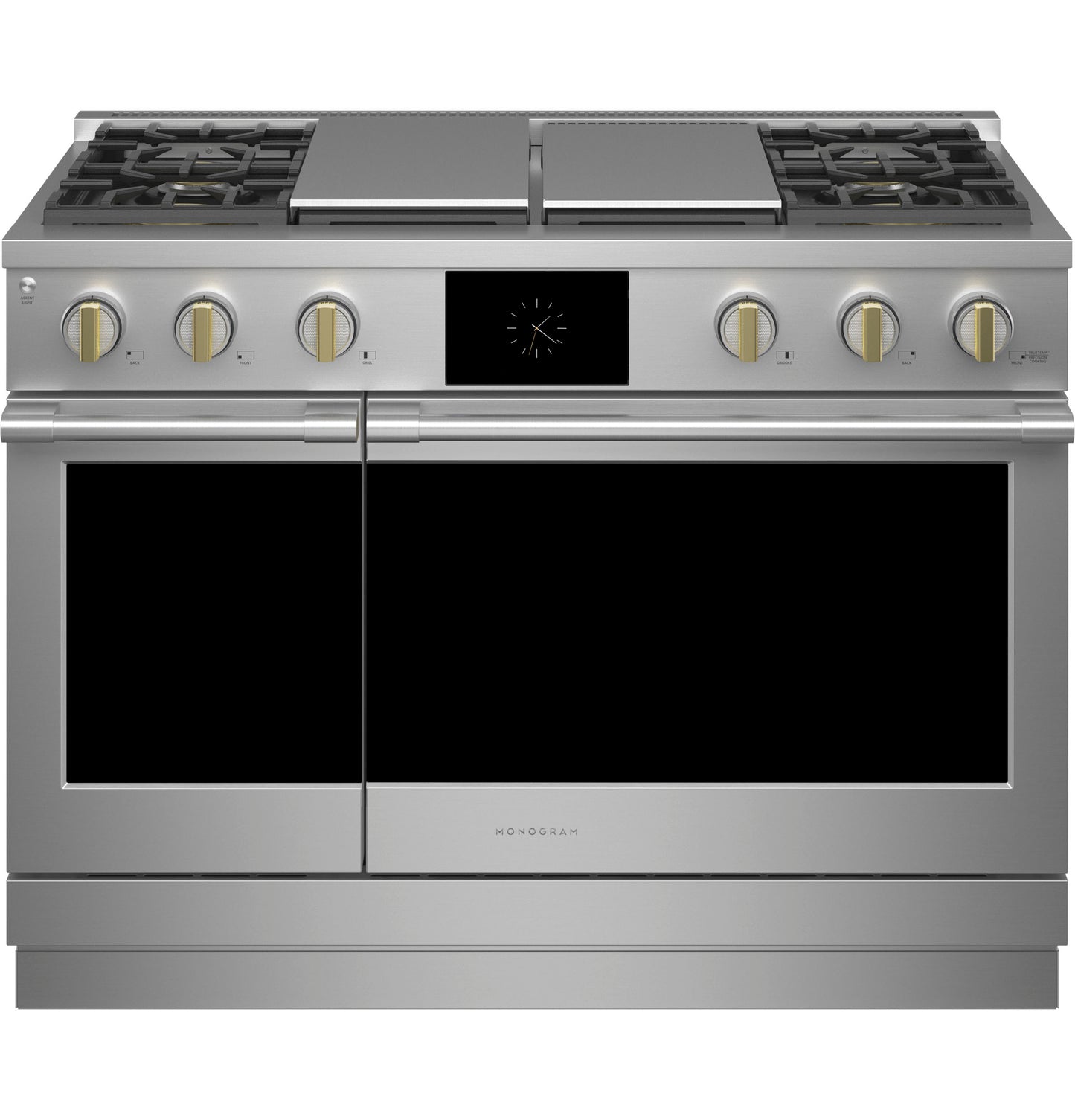 Front view of stainless steel dual-fuel range with four burners, grill, griddle, and digital control panel for kitchen appliances collection