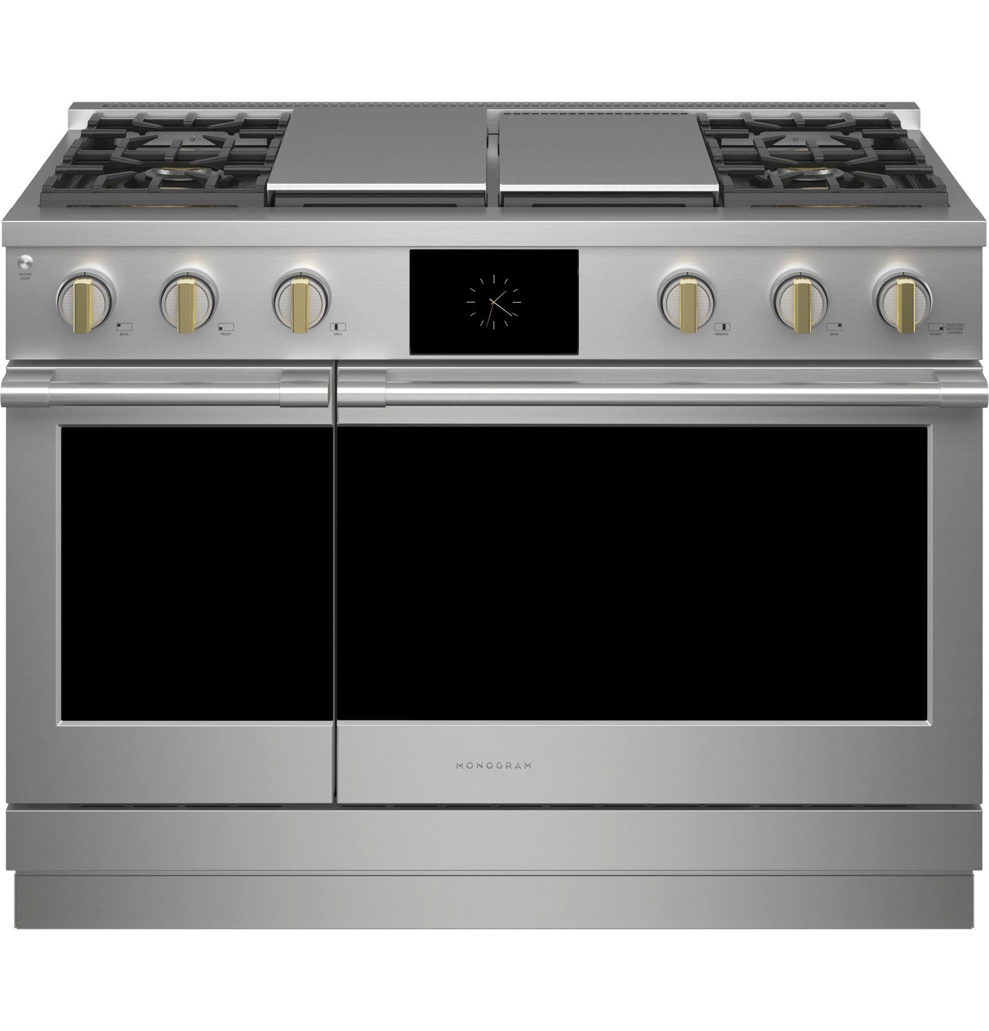 Front view of stainless steel dual-fuel range with four burners, grill, griddle, and digital control panel for kitchen appliances collection