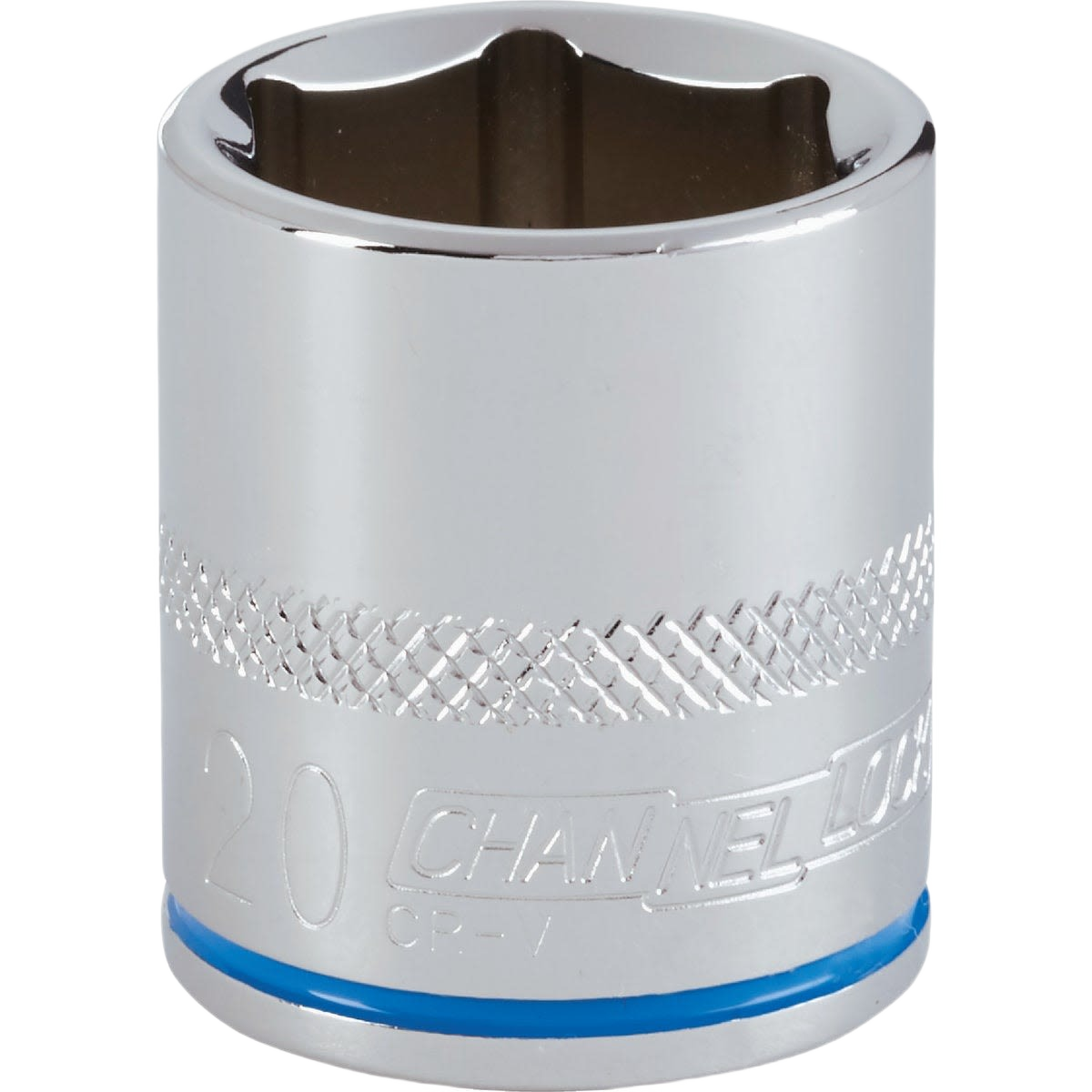 Chrome finished 20mm 6-point shallow socket with knurled grip for precise tightening in home improvement projects