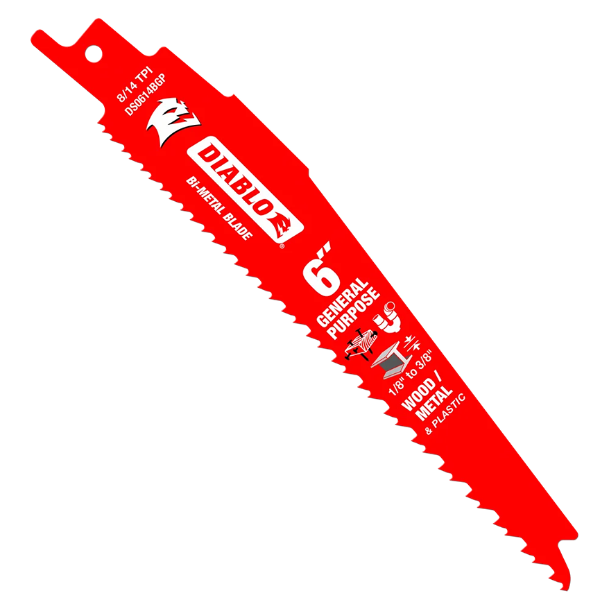 Red bi-metal saw blade designed for cutting wood, metal, and plastic, part of woodworking and power tool accessories.