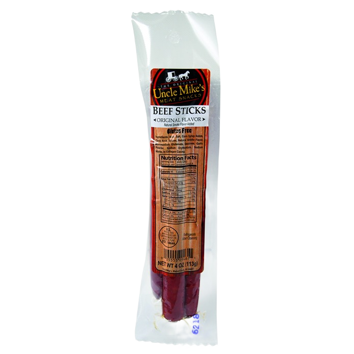 Clear plastic package containing original flavor beef sticks labeled gluten free from Chips & Snacks collection