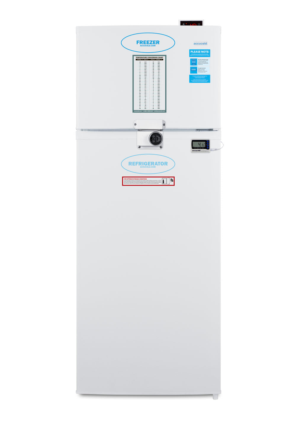 White two-door refrigerator-freezer unit with digital temperature display from refrigerators and kitchenware collection
