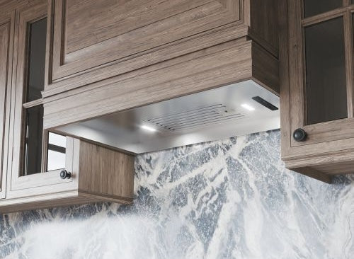Under-cabinet stainless steel range hood insert with LED lights in kitchen and appliances collections
