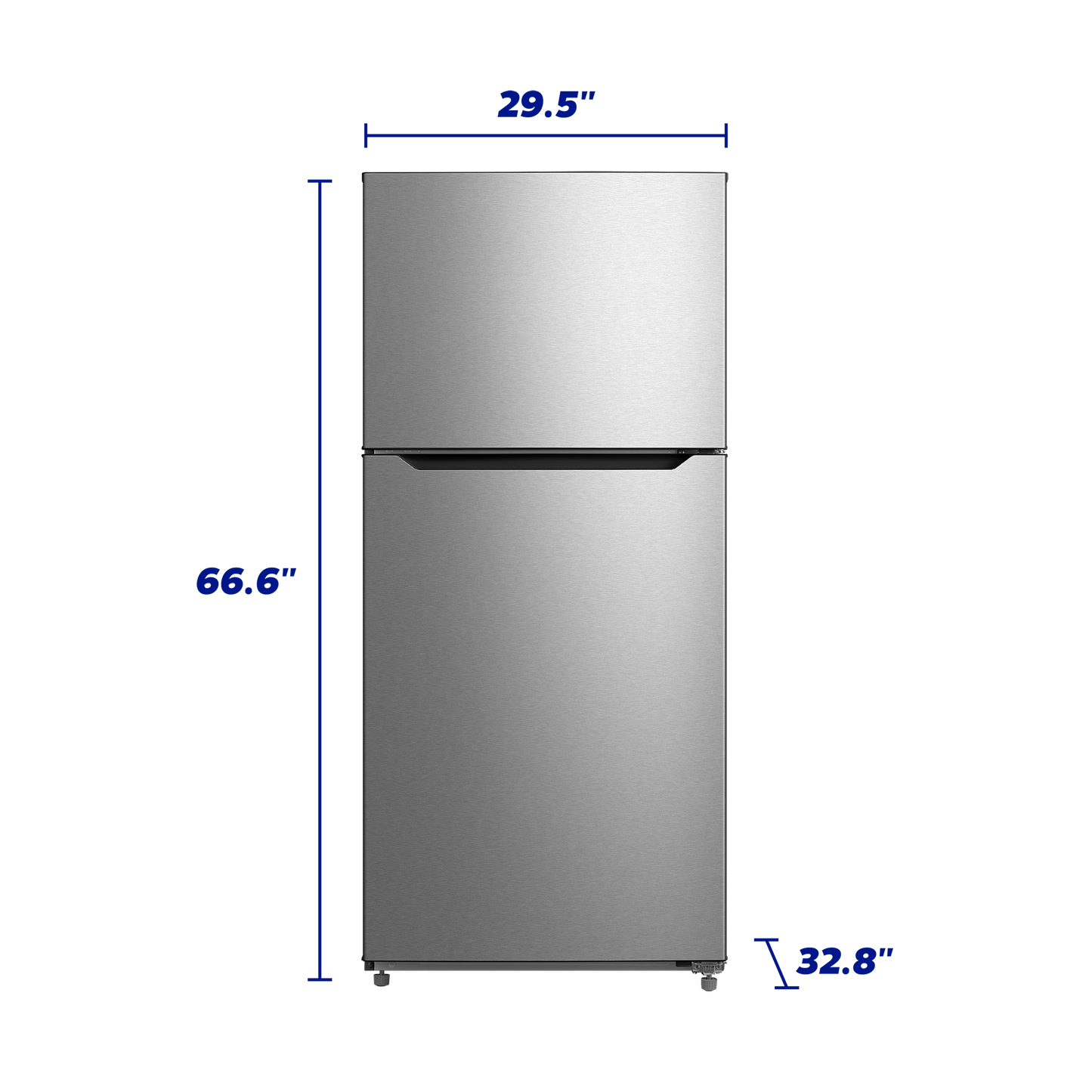 Front view of stainless steel top freezer refrigerator with dimensions for kitchen and appliances collection